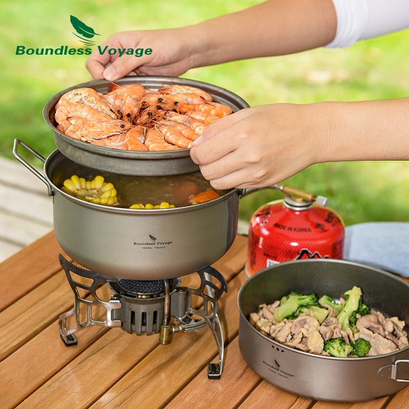 Camping Cooking Pots And Pans Set - Boundless Voyage Titanium Pentola a vapore