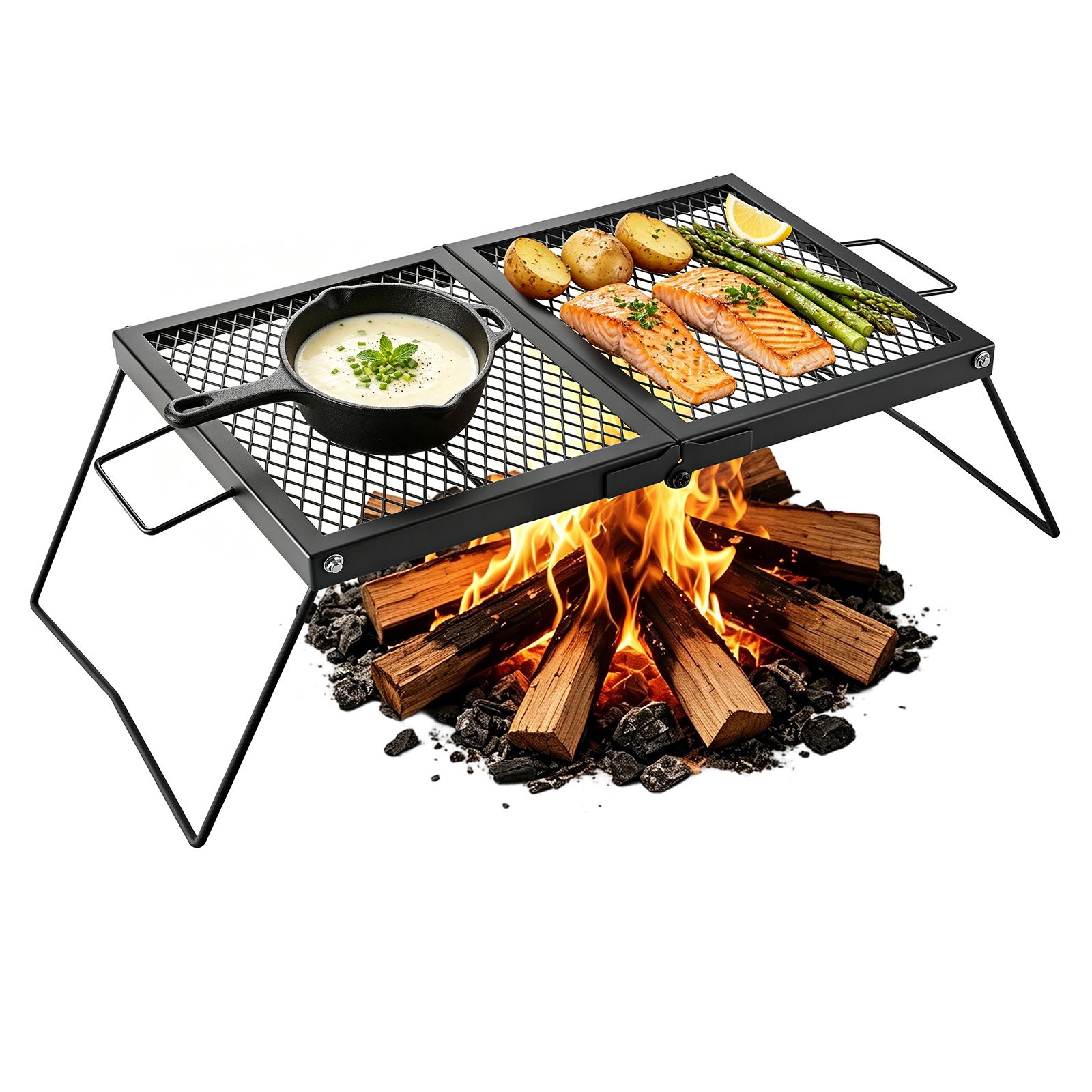 Camping Cooking Over Fire - Griglia pieghevole per campeggio, robusta e