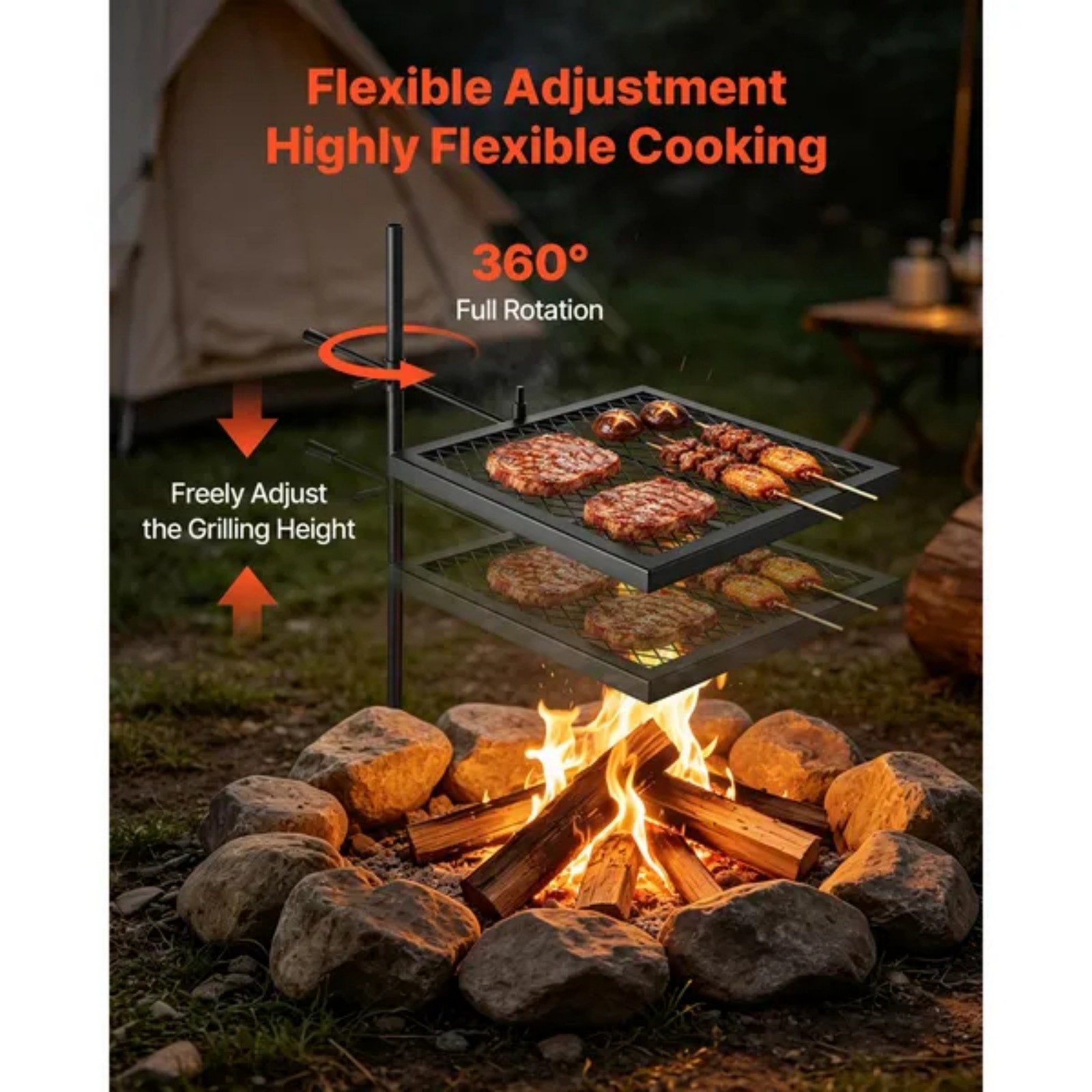 Camping Cooking Over Fire - Griglia Girevole per Falò Resistente, Griglia