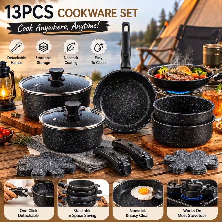 Camping Cooking Pots And Pans Set - Set di Pentole Antiaderenti Premium 13